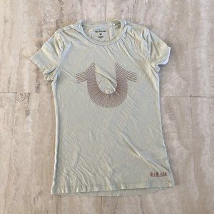 True Religion XS Mint Green Soft T Shirt Rose Gold Glitter Horseshoe Logo